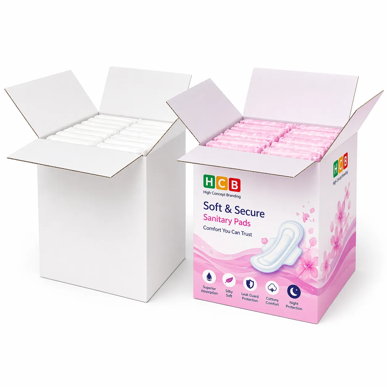 Two large open cardboard shipping boxes filled with rows of individually wrapped white and pink pads. class=